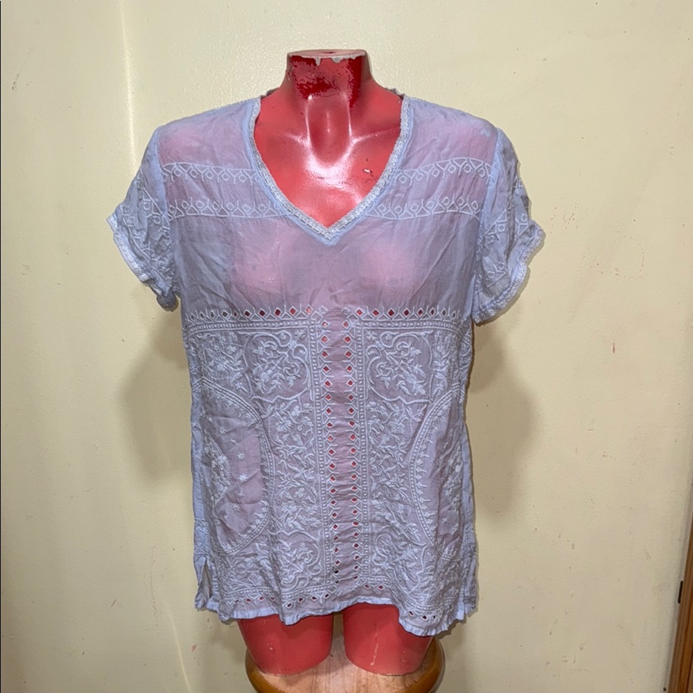 Johnny Was embroidered pale blue top semi sheer size medium. Beautiful!